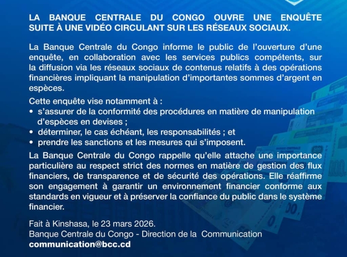 RDC : la Banque Centrale du Congo annonce l'ouverture d'une enquête sur une vidéo controversée de manipulation de fonds